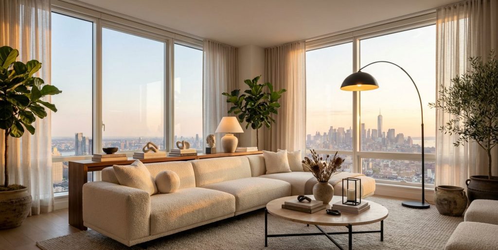 High-rise living room with floor-to-ceiling windows and a city skyline view