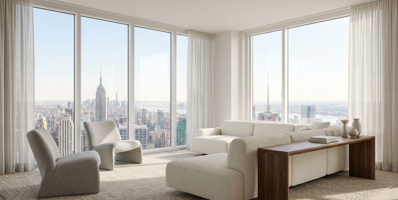 Floating sofa layout with a modular bouclé sofa and city view in a high-rise living room